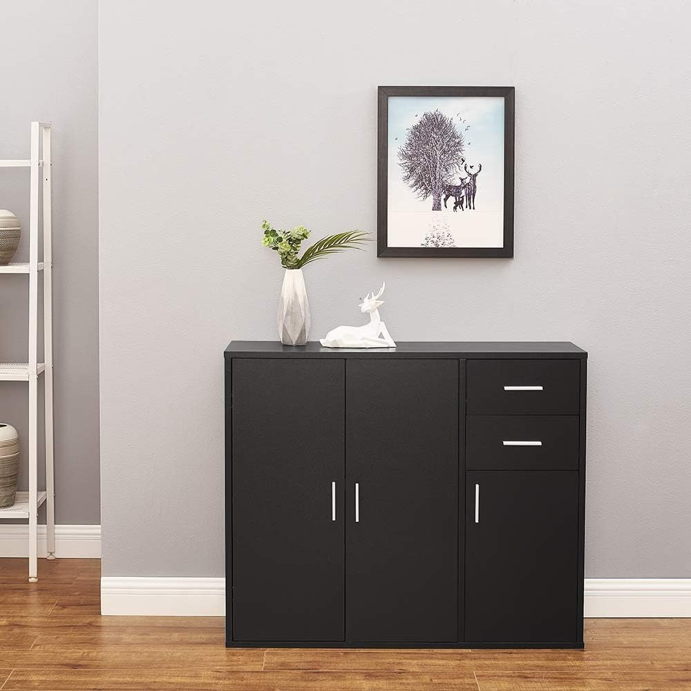 Black Sideboard Cabinet with Drawers & Doors Modern Storage Unit 100cm