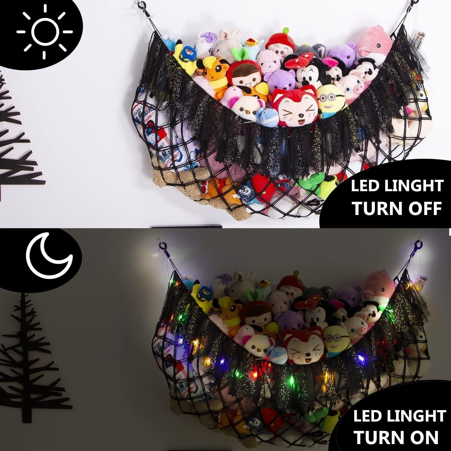 Extra Large Black Toy Hammock with LED Lights – Plush Animal Wall Storage