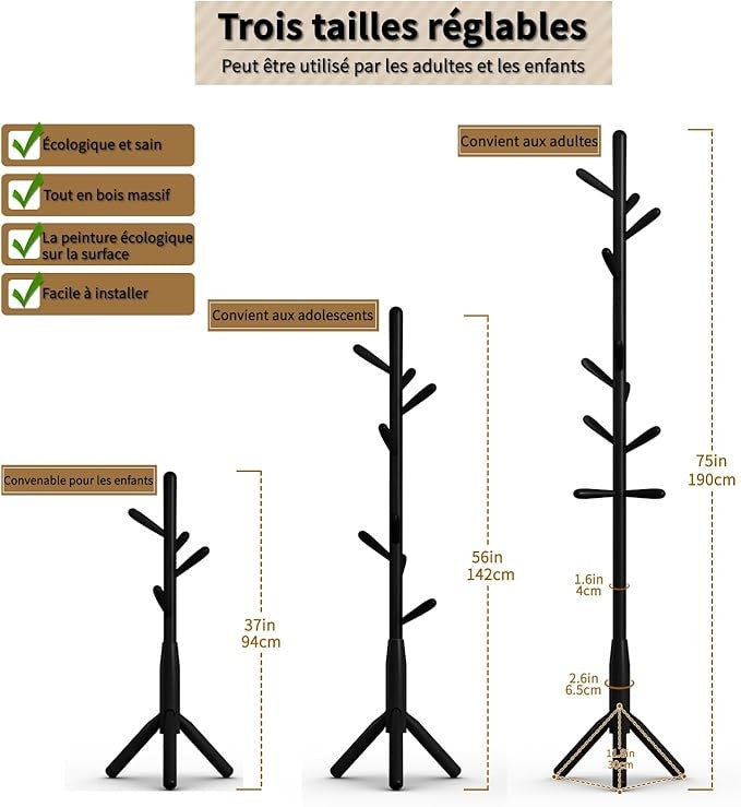 Solid Wood Coat Rack 11 Hooks Freestanding Tree Stand for Hallway Black