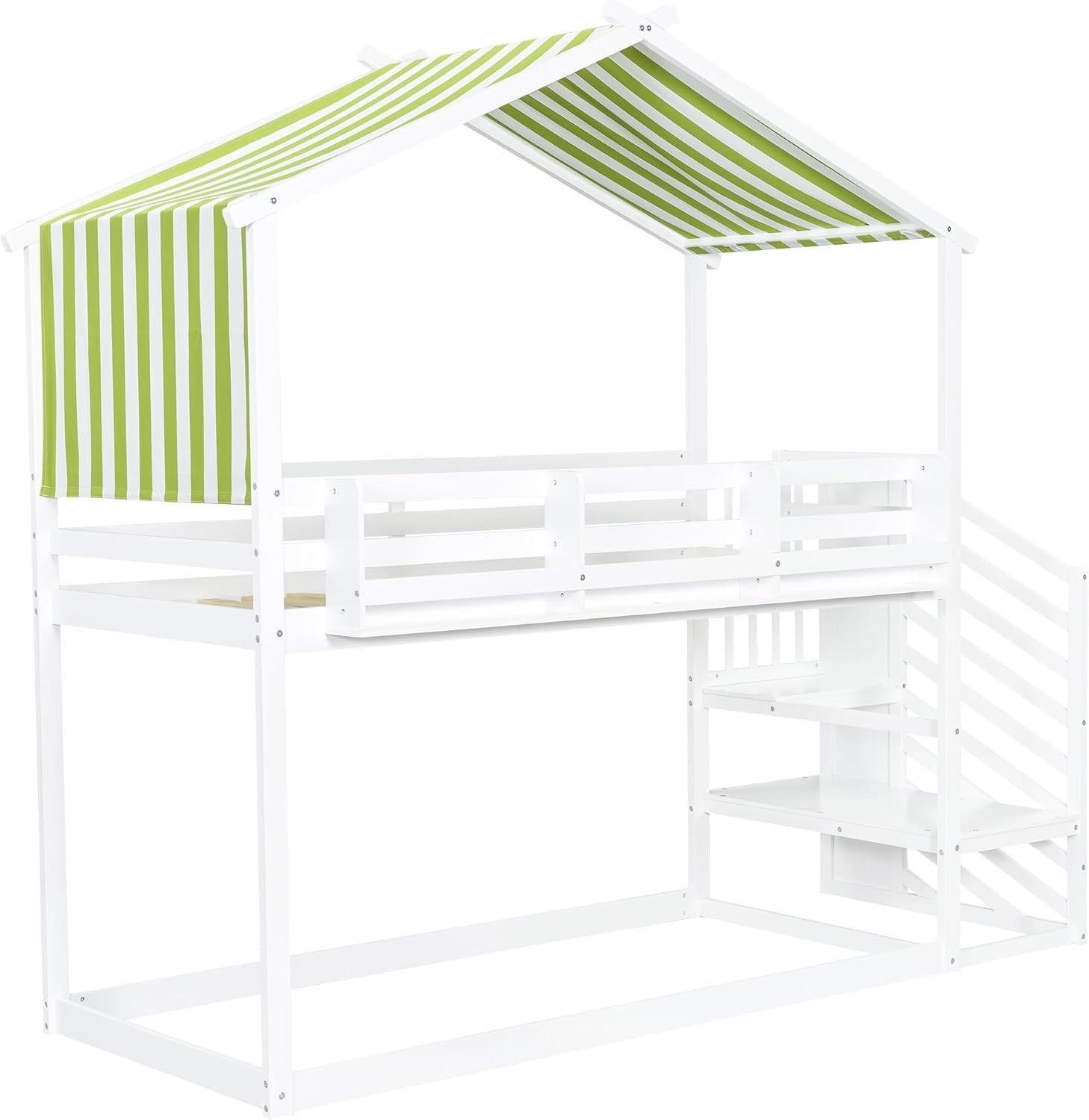 Kids Bunk Bed 3ft Single 90x190cm w/ Staircase Guardrail Bookshelf White Green