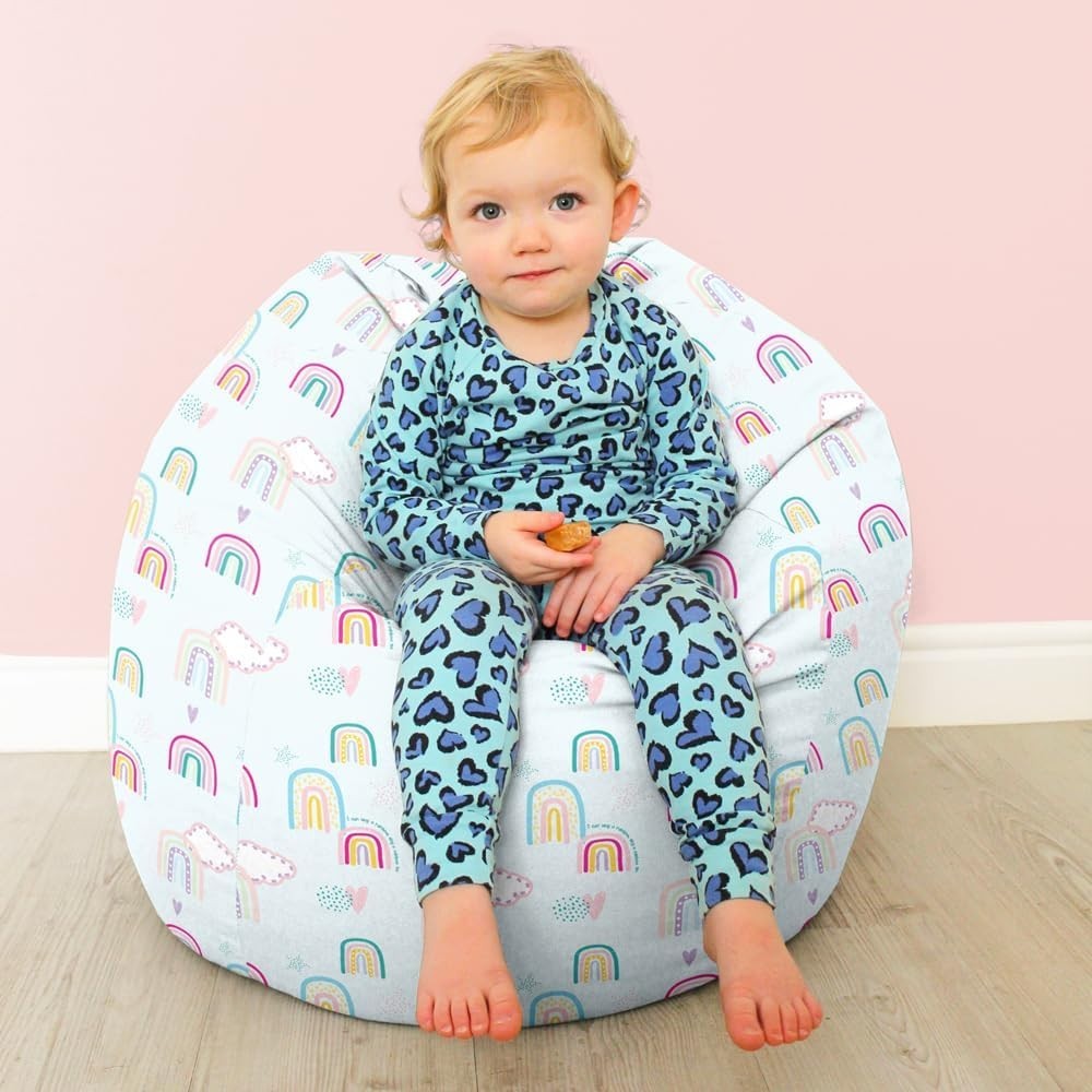 Kids Bean Bag Chair with Footstool - Rainbow Print, Washable & Durable