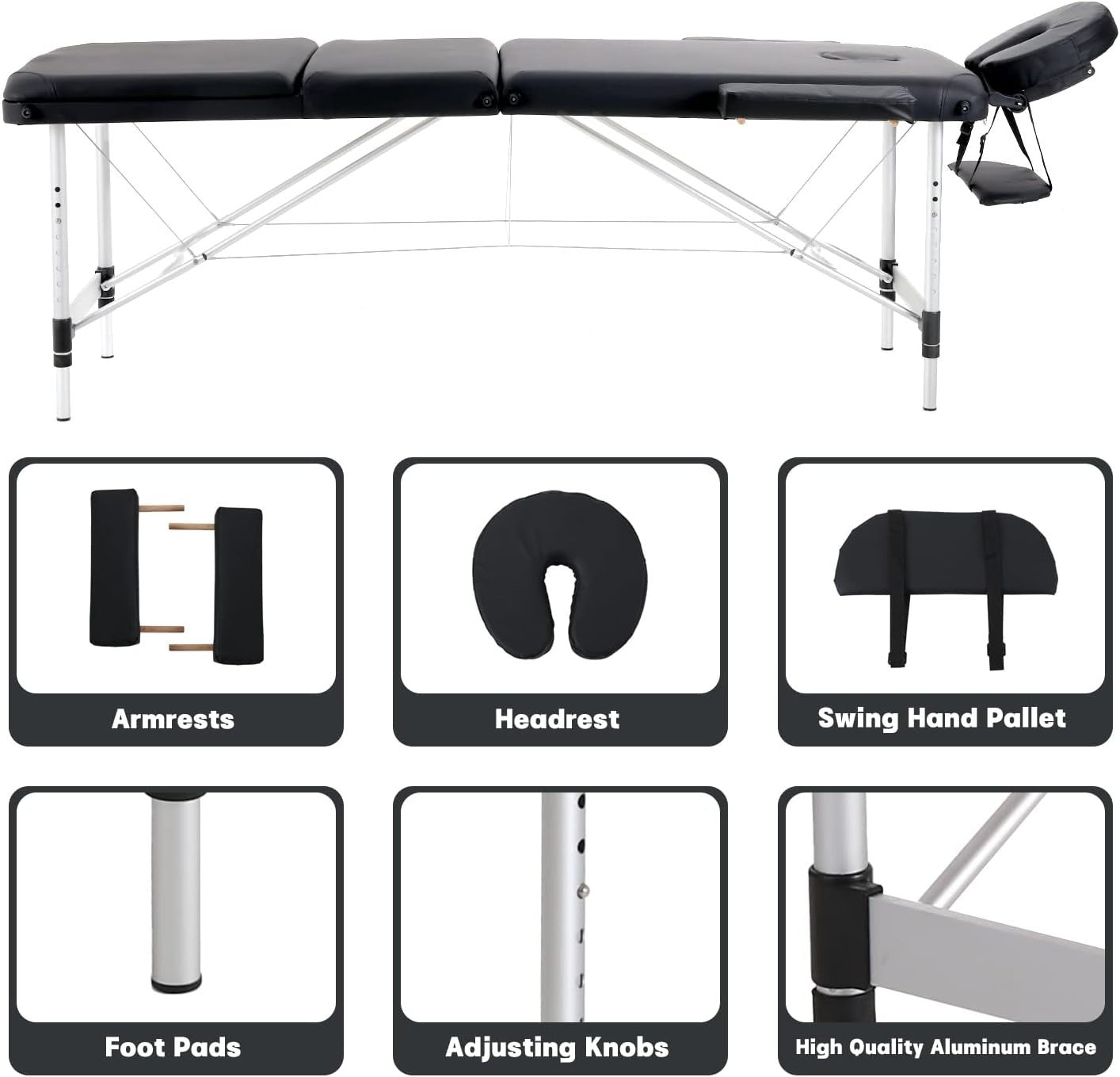 Portable Massage Table Foldable Aluminium Adjustable Therapy Beauty Bed Black