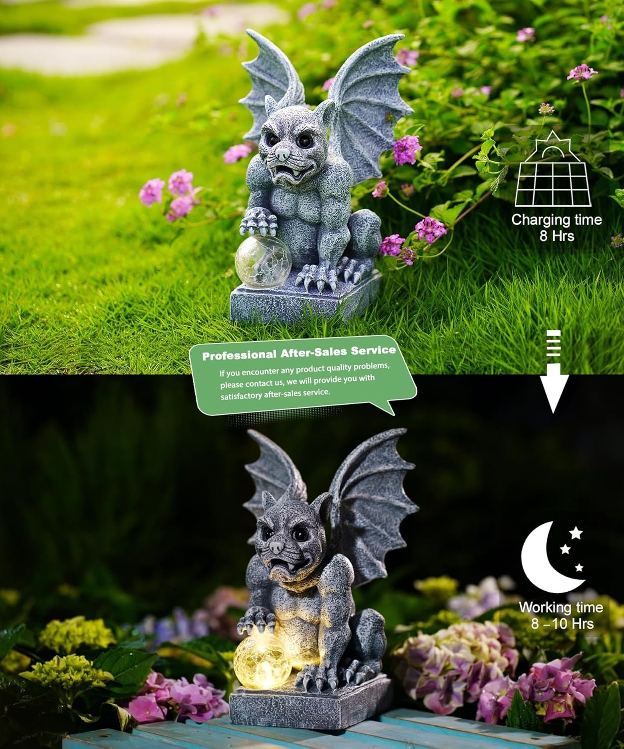 Solar Gargoyle Garden Ornament with LED Ball Light – Waterproof Gothic Statue