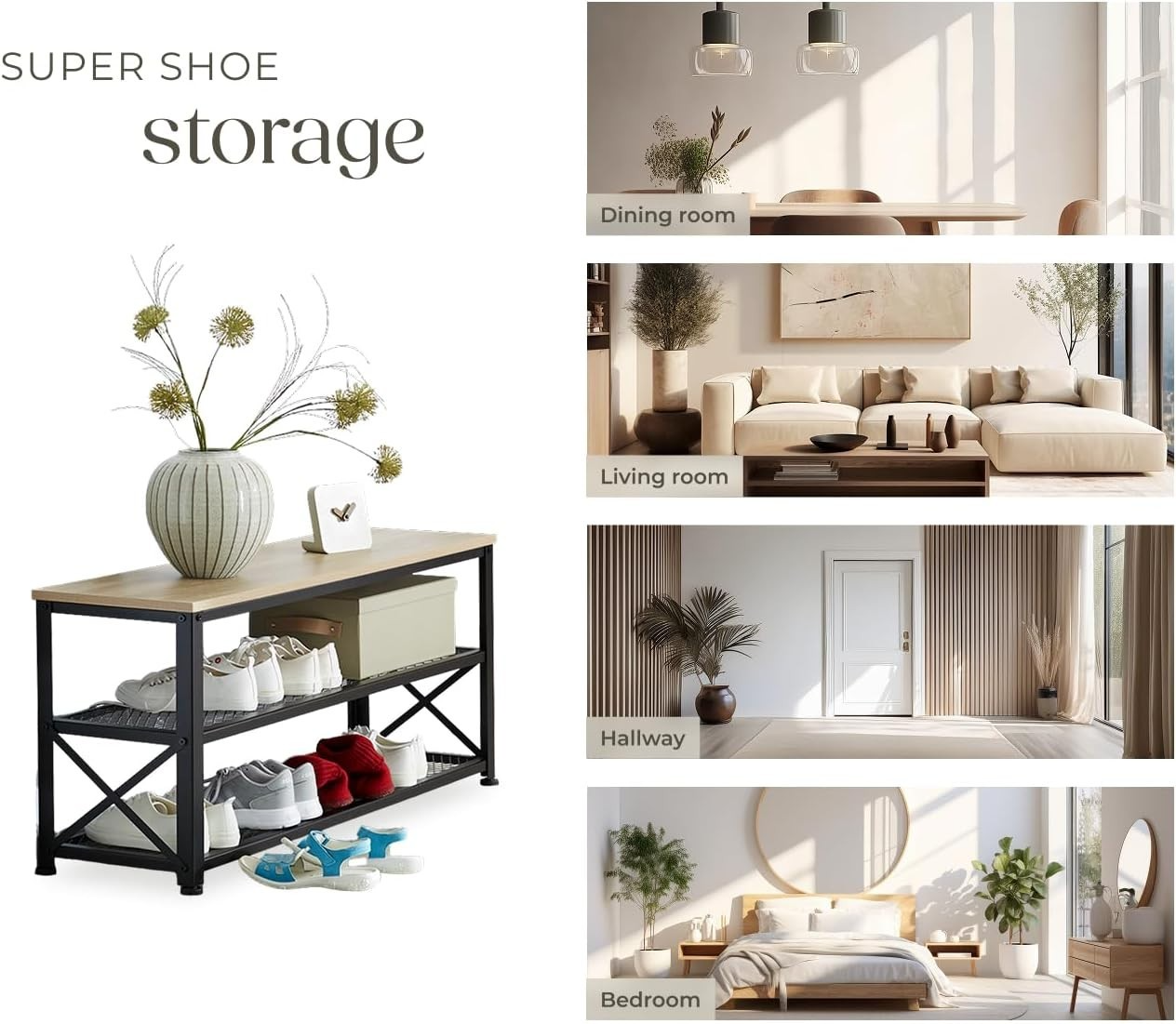 Space-Saving 3-Tier Shoe Rack with Wood-Look Shelf & Sturdy Steel Frame