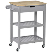 Grey Kitchen Trolley Cart with Drawer Shelves Wheels & Wood Worktop