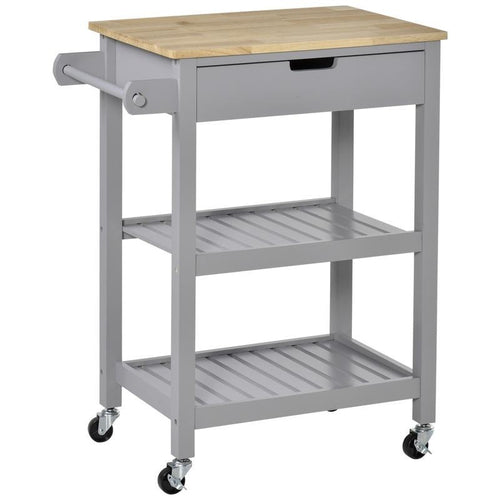 Grey Kitchen Trolley Cart with Drawer Shelves Wheels & Wood Worktop
