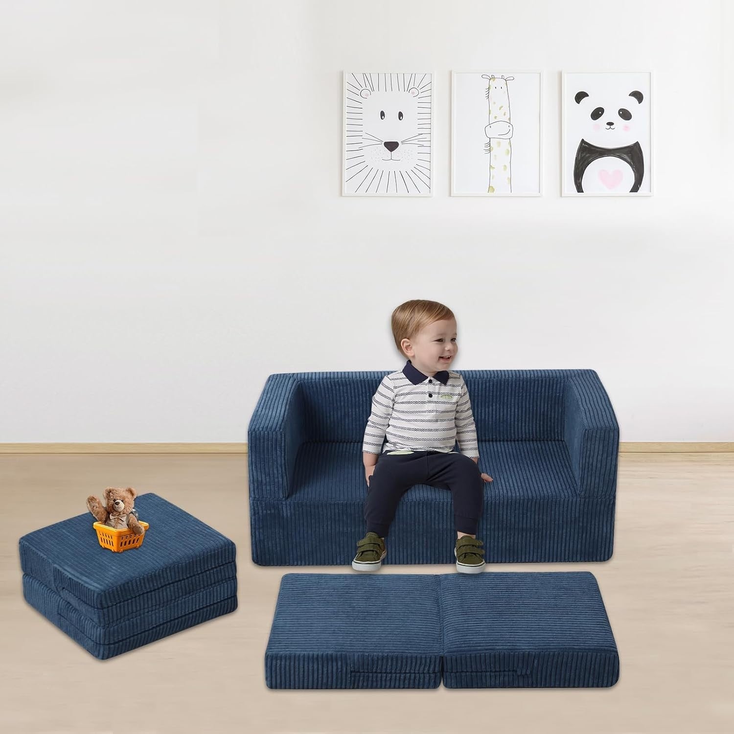 Kids Sofa Bed 2-Seater Foam Couch with Cushions, Versatile Play & Rest Blue