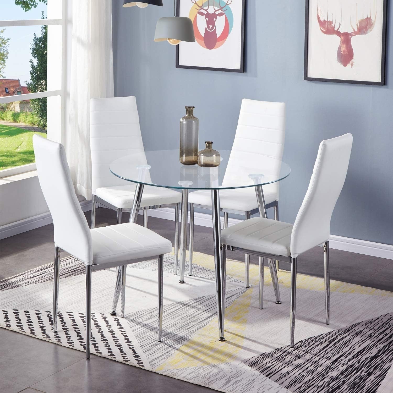 Round Silver Glass Dining Table 90x90x75cm Chrome Legs Modern Kitchen