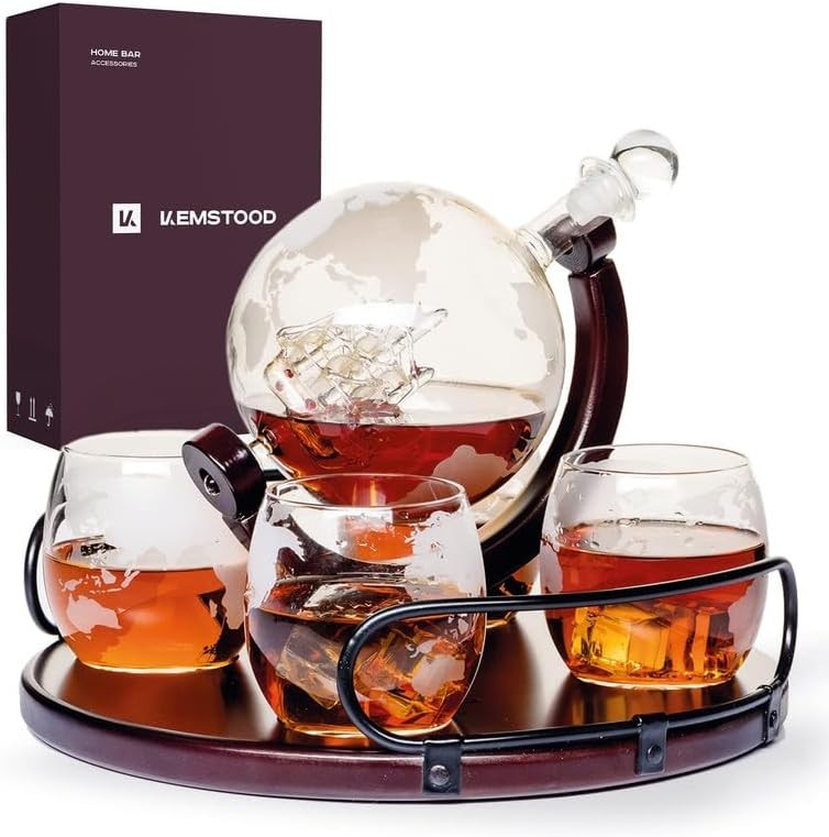 Globe Whiskey Decanter Set 850ml with 4 Etched Glasses & Tray Gift Box