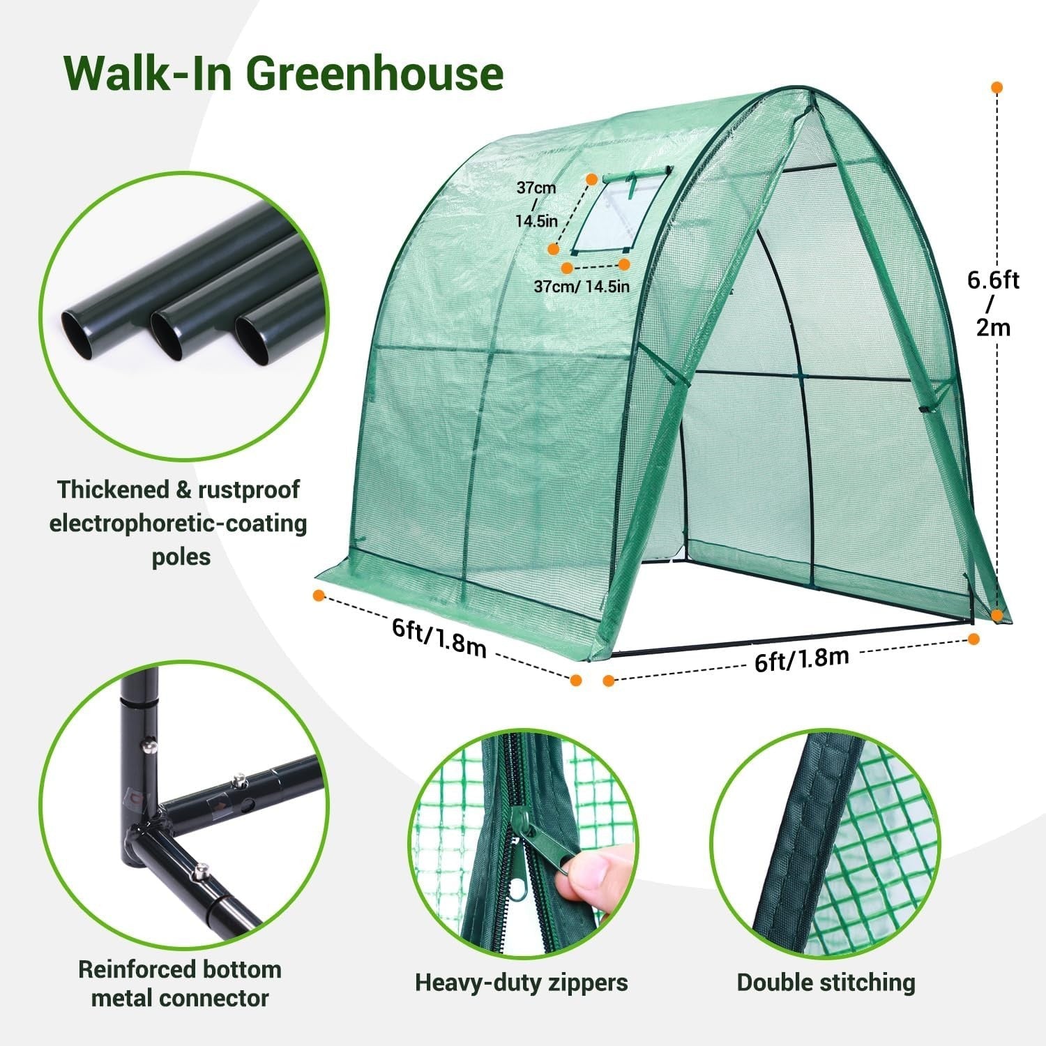Portable Tunnel Greenhouse 1.8x1.8x2m Heavy Duty PE Cover with Mesh Windows