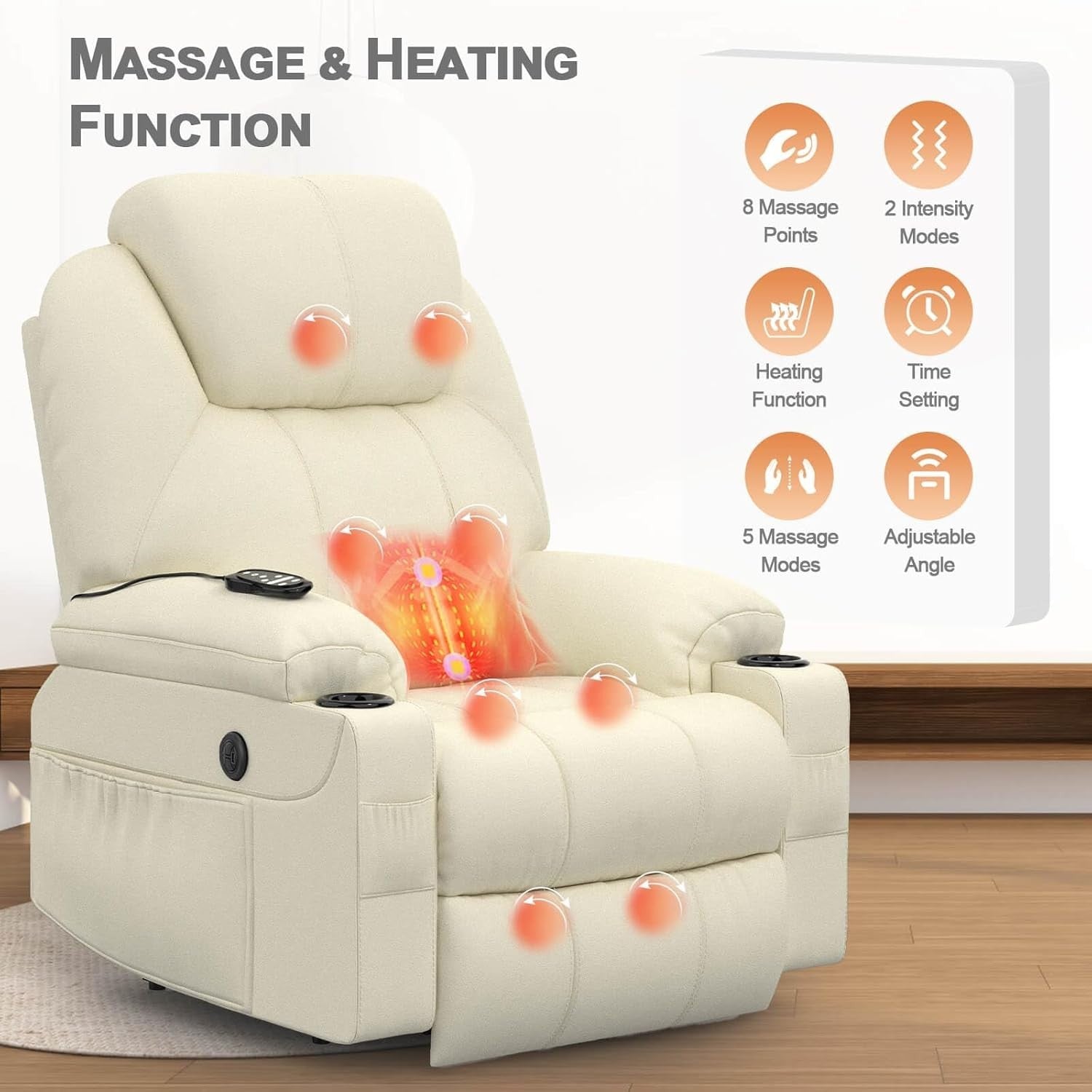 Power Lift Recliner Chair Massage Heat USB Type-C Faux Leather Beige Cup Holders