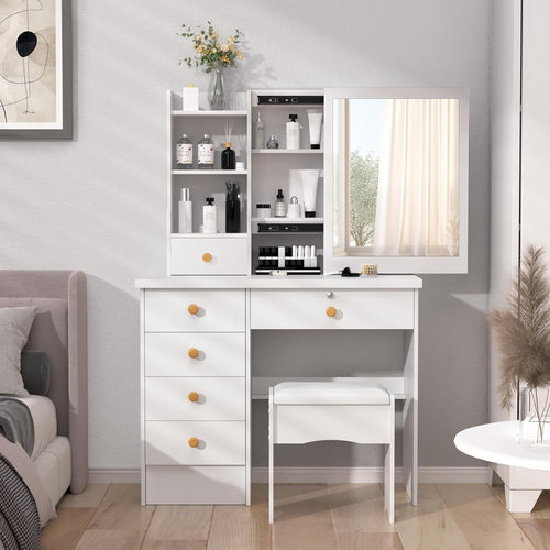 Simple Vanity Dressing Table w/Sliding Mirror 6 Drawers Storage Cabinet