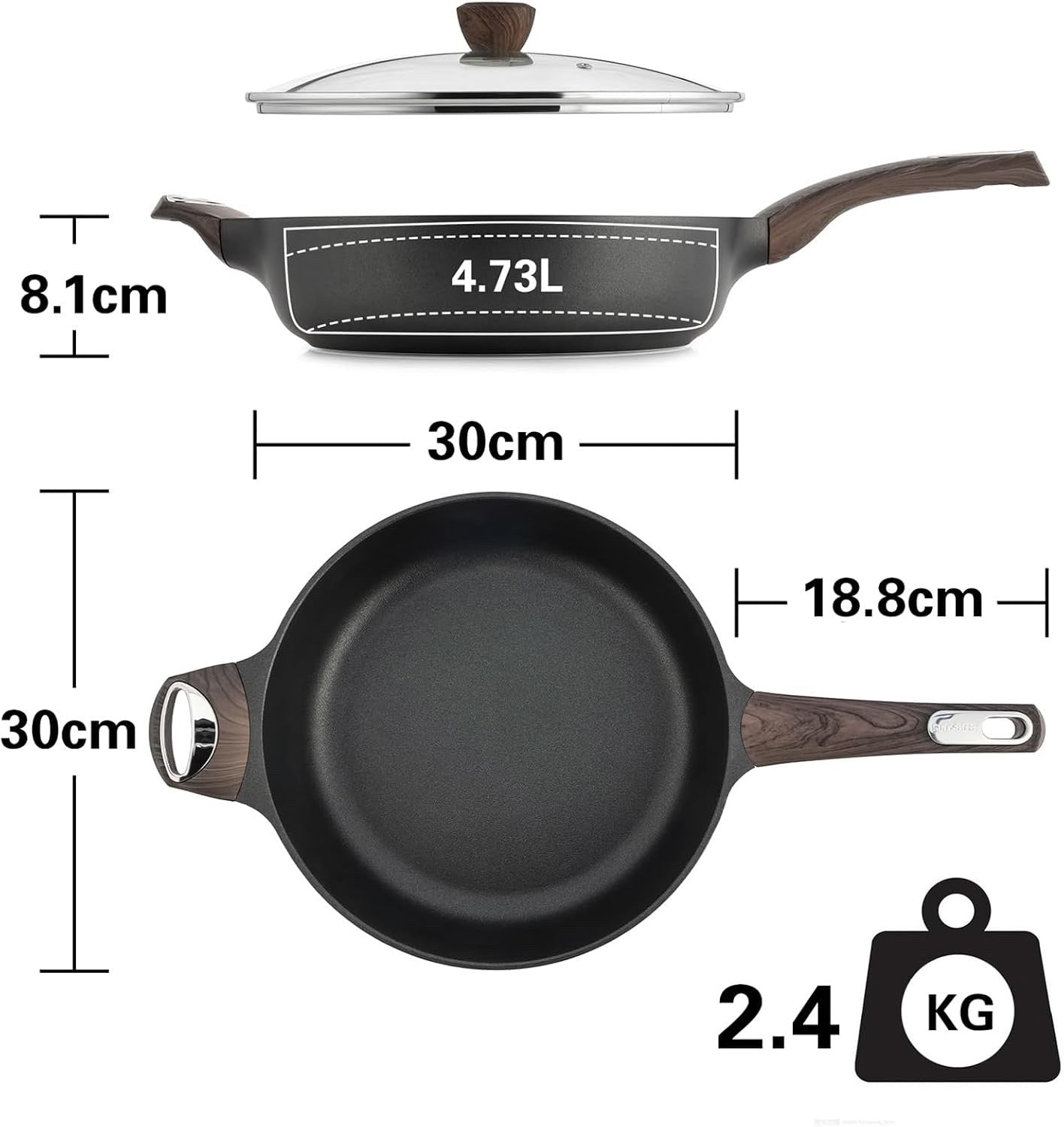 30cm Black Deep Non Stick Saute Pan with Lid, 4.7L Skillet Induction Compatible