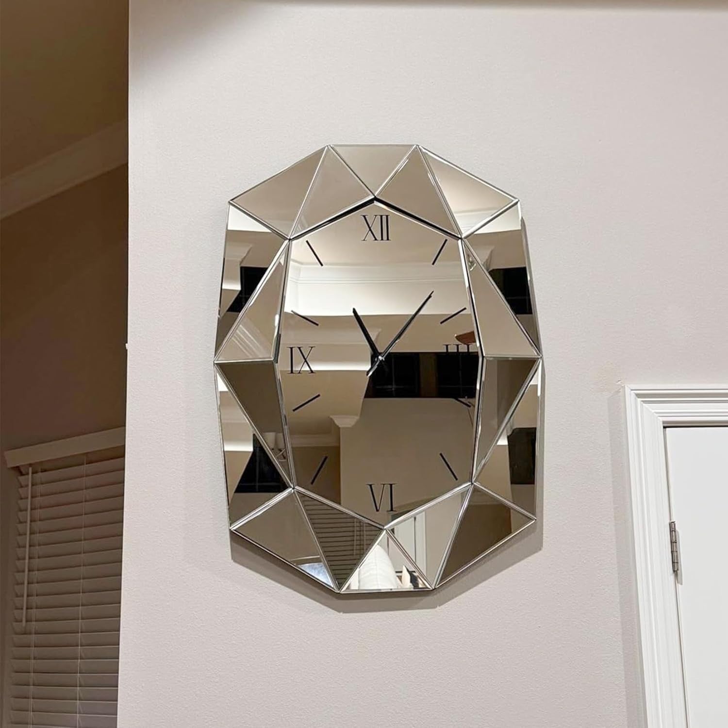 Beveled Glass Wall Clock with Roman Numerals | Silent, Modern Silver Decor