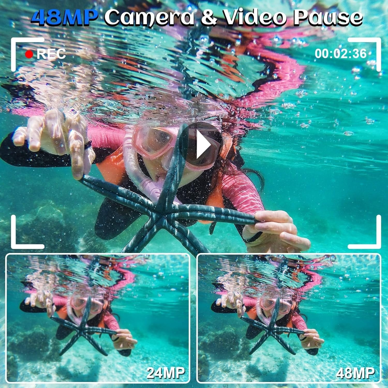 4K Waterproof Camera 48MP Dual Screen Snorkeling Camera 32GB