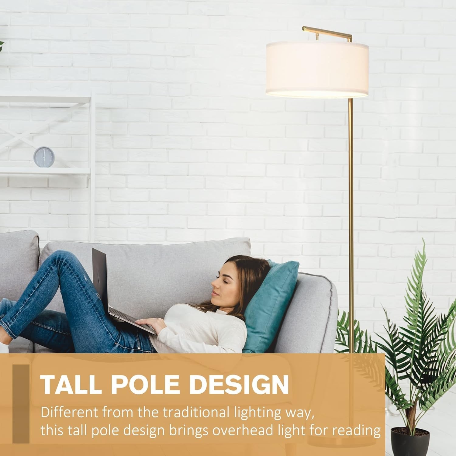 Modern Floor Lamp Linen Shade Gold Standing Light for Living Room Bedroom