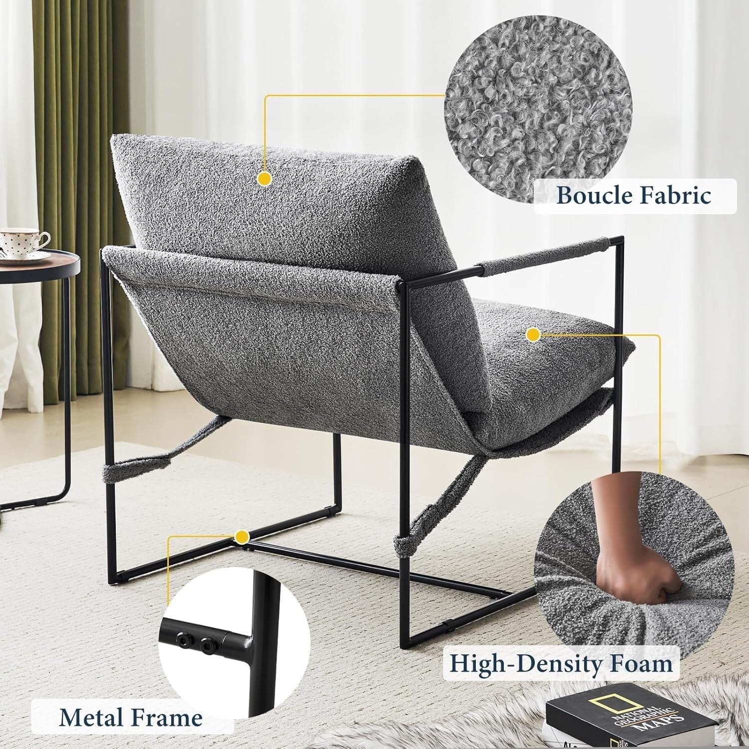 Grey Modern Lounge Sling Chair Boucle Fabric Metal Frame
