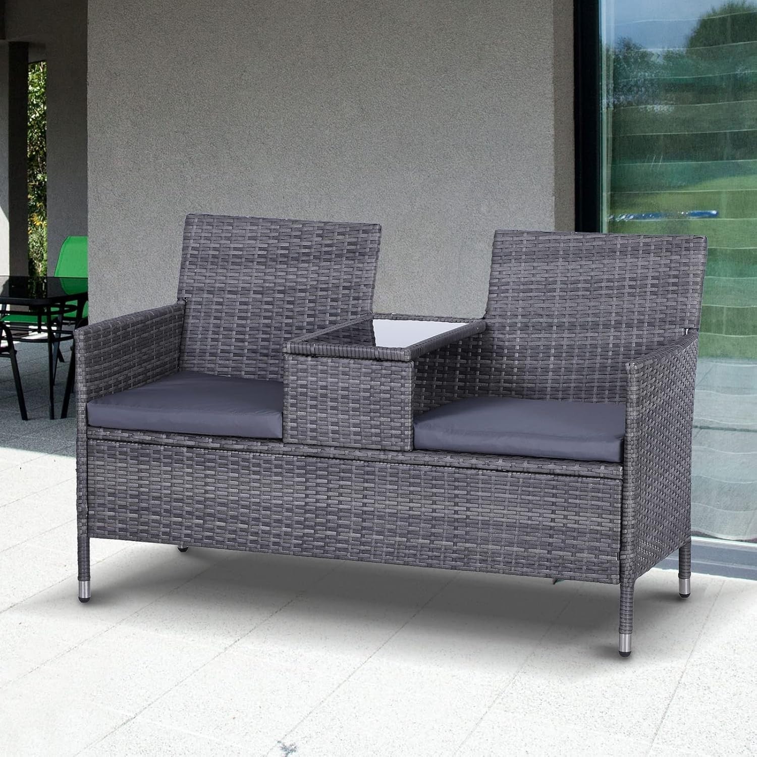 2-Seater Outdoor Rattan Garden Sofa with Cushions & Table, Grey Patio