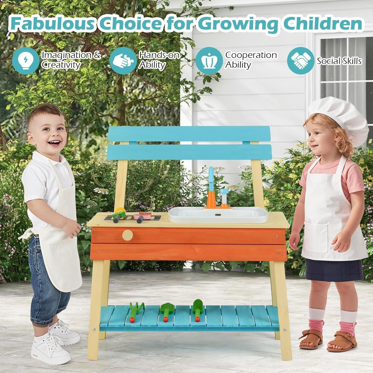 Kids Mud Kitchen Outdoor Wooden Play Kitchen Water Sink Garden Toy
