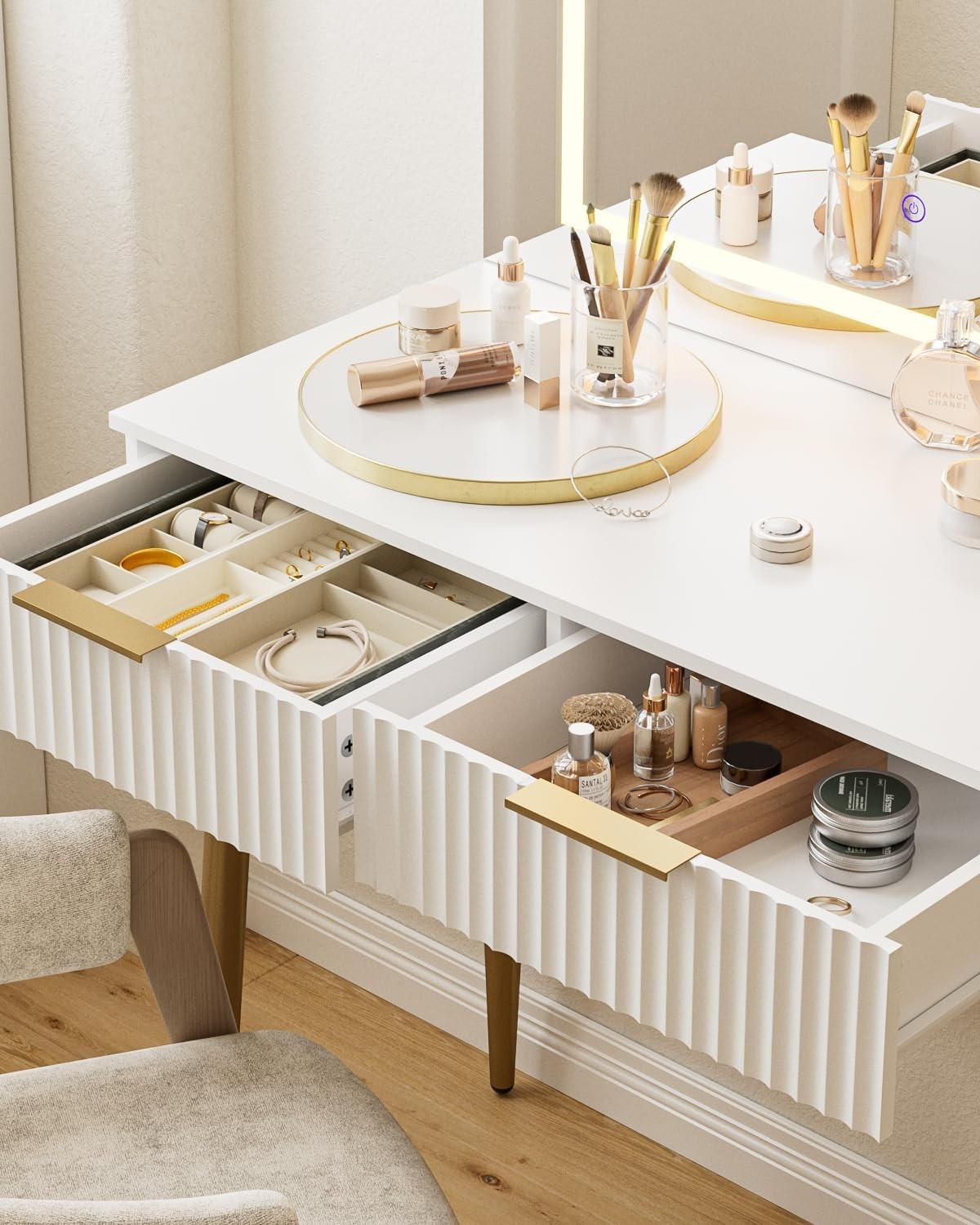 White Dressing Table Makeup Desk LED Light Mirror Drawers Gold Legs Modern
