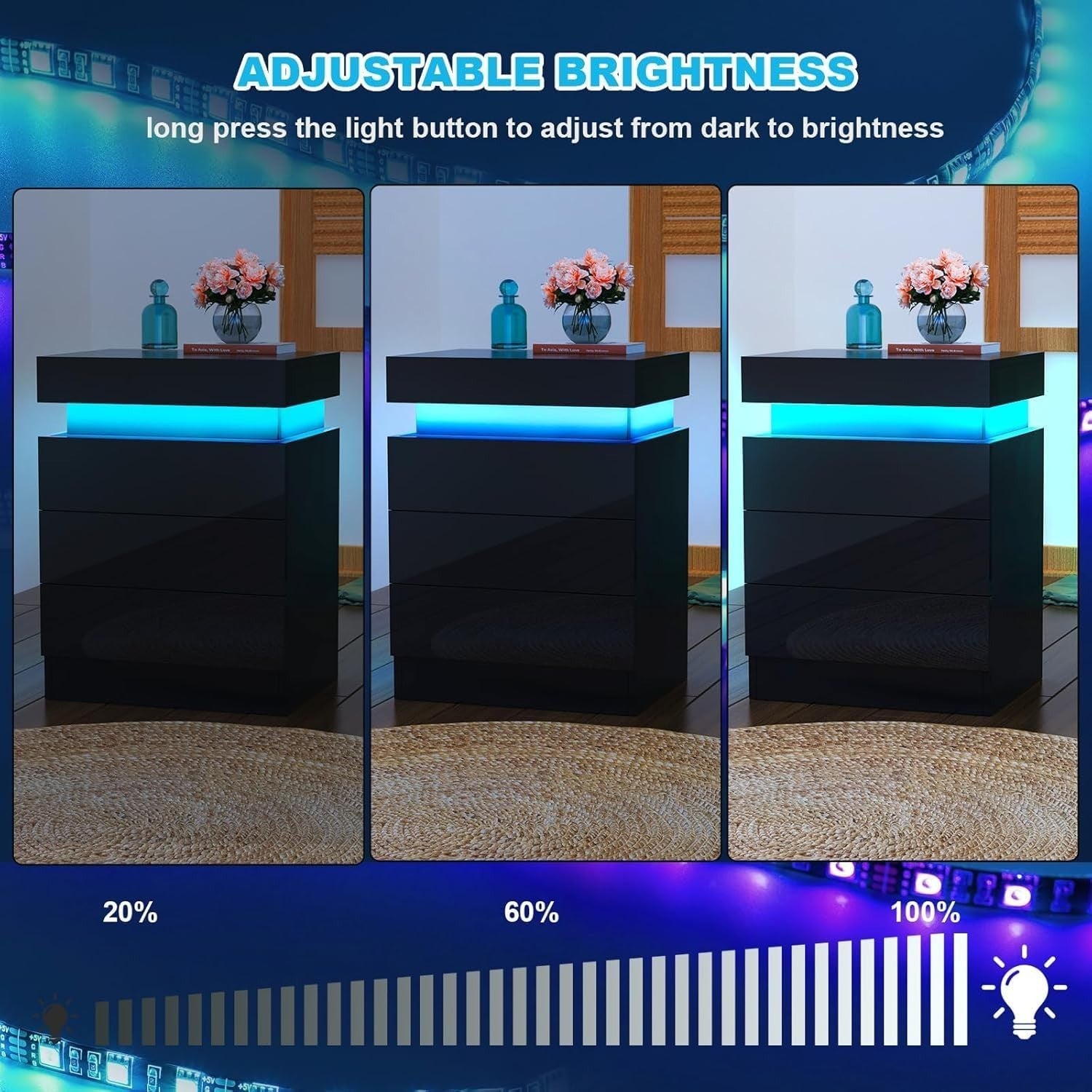 Modern LED Bedside Table with USB Charging, 3 Drawers, Hidden Storage