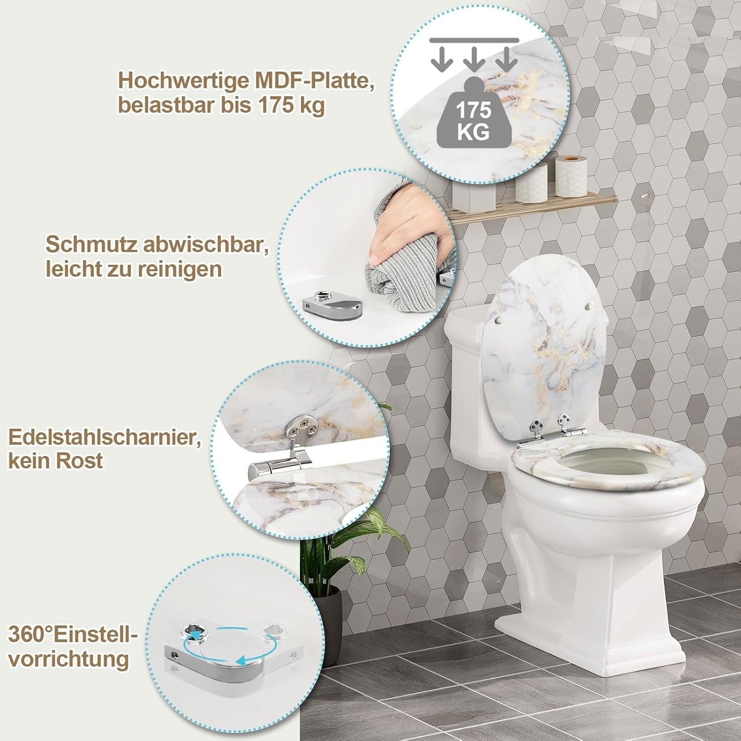 Soft Close O-Shaped Toilet Seat MDF Quick Release Heavy Duty Oval Lid