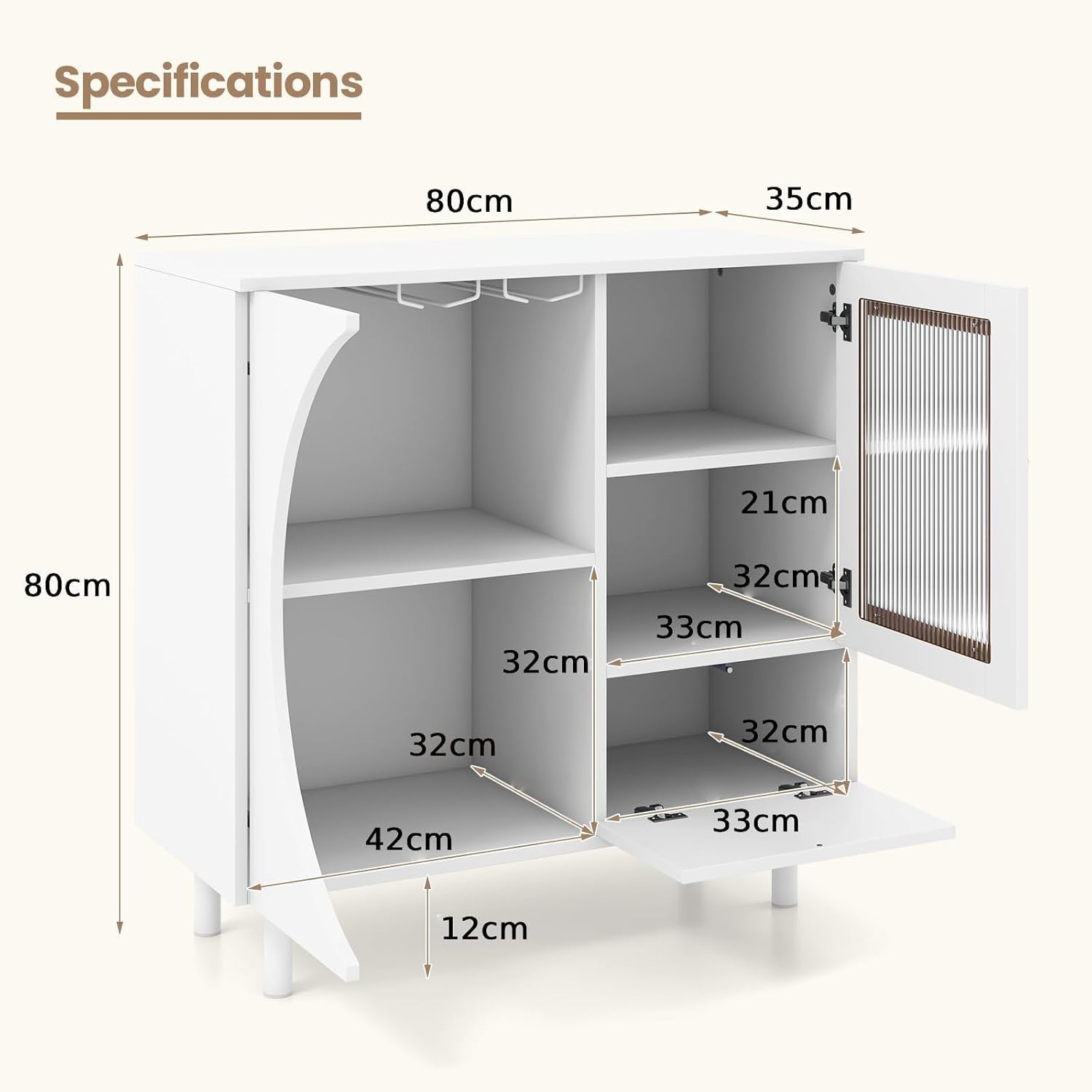 White Kitchen Buffet Sideboard 80cm Wooden Storage Cabinet Glass Doors