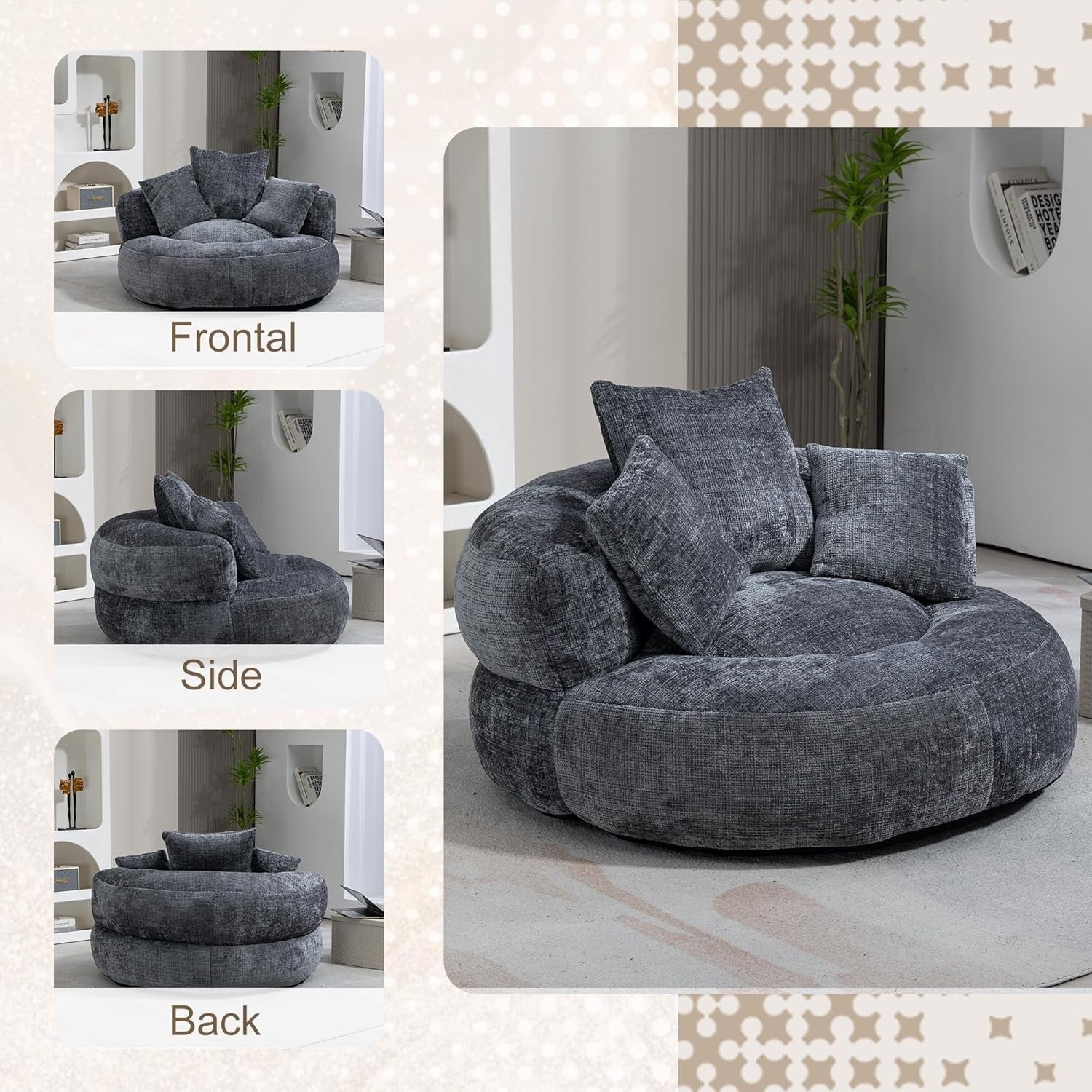 Giant Grey Memory Foam Bean Bag Sofa Chair w/ Cushions – Adult Gaming Lounger