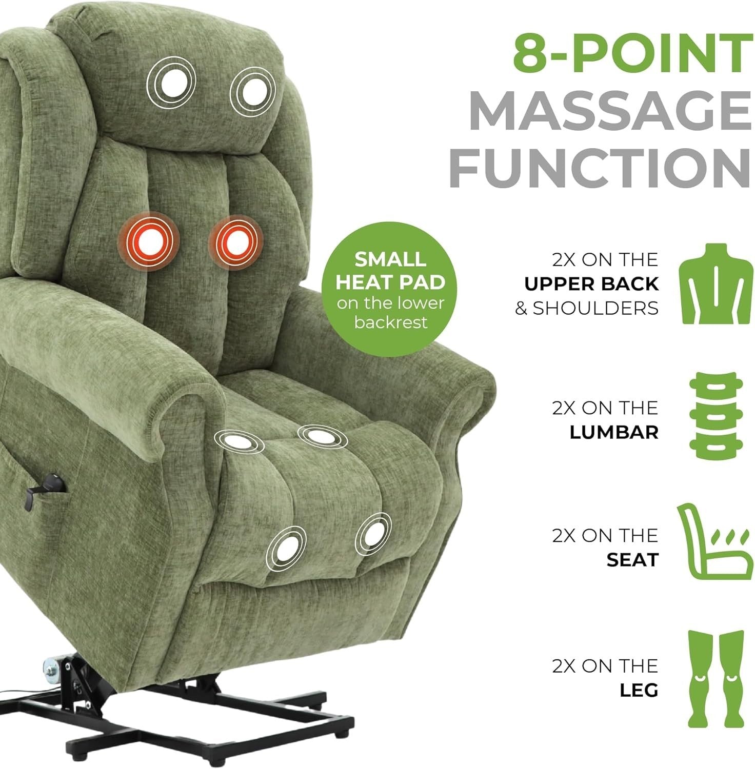 Dual Motor Lift Recliner Chair Heat Massage Fabric Riser Mobility Support Green