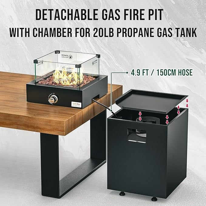 Smokeless Propane Fire Pit with Glass Wind Guard & Wheels Outdoor Heating