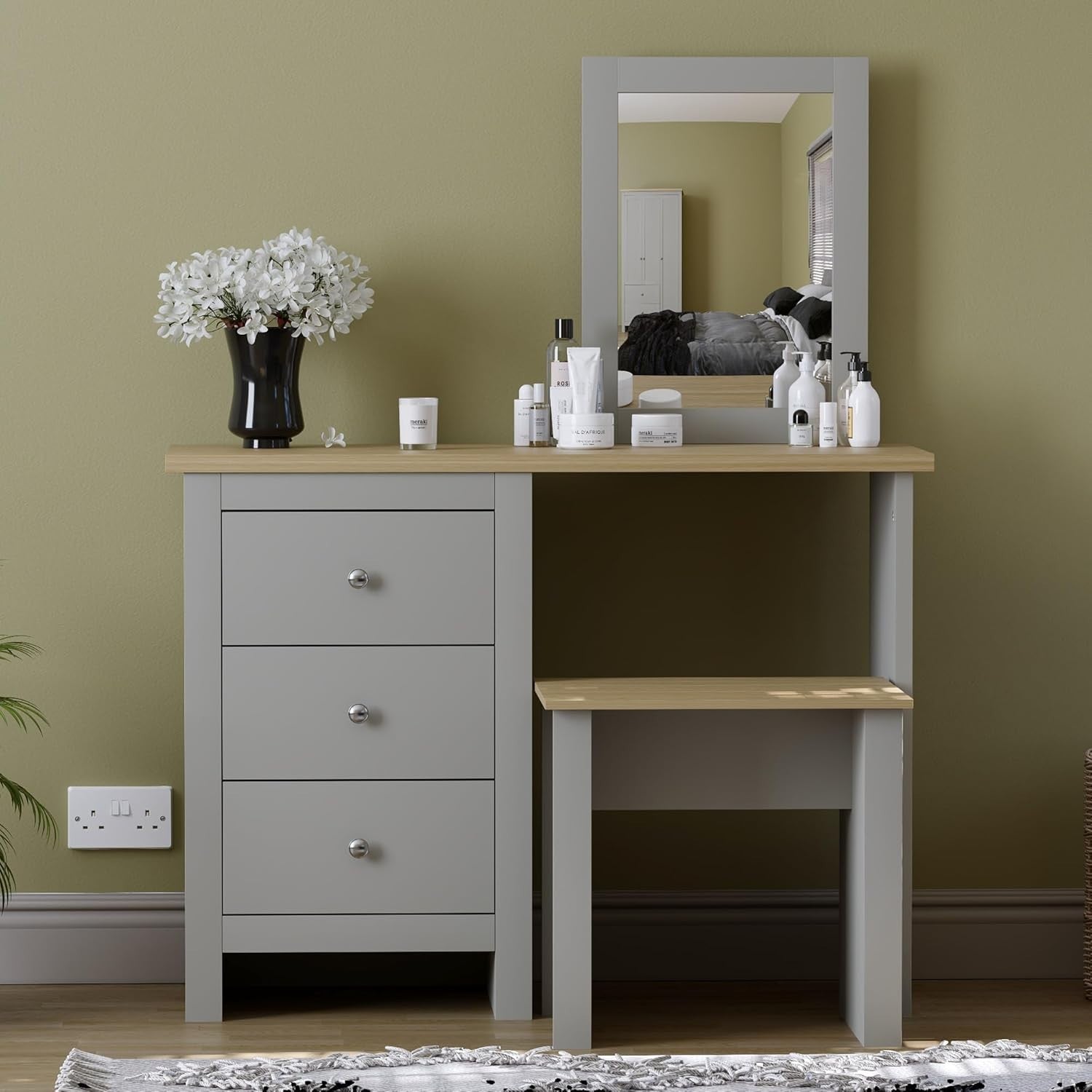 Modern 3 Drawer Chest Tall Dresser Grey Oak Veneer Bedroom Storage