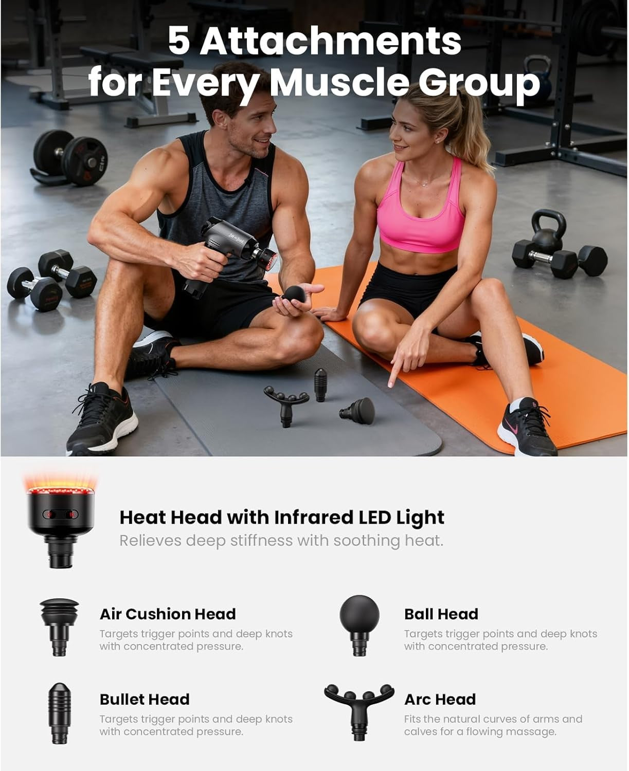 Deep Tissue Massage Gun Heat Red LED Therapy Quiet Percussion Muscle Recovery
