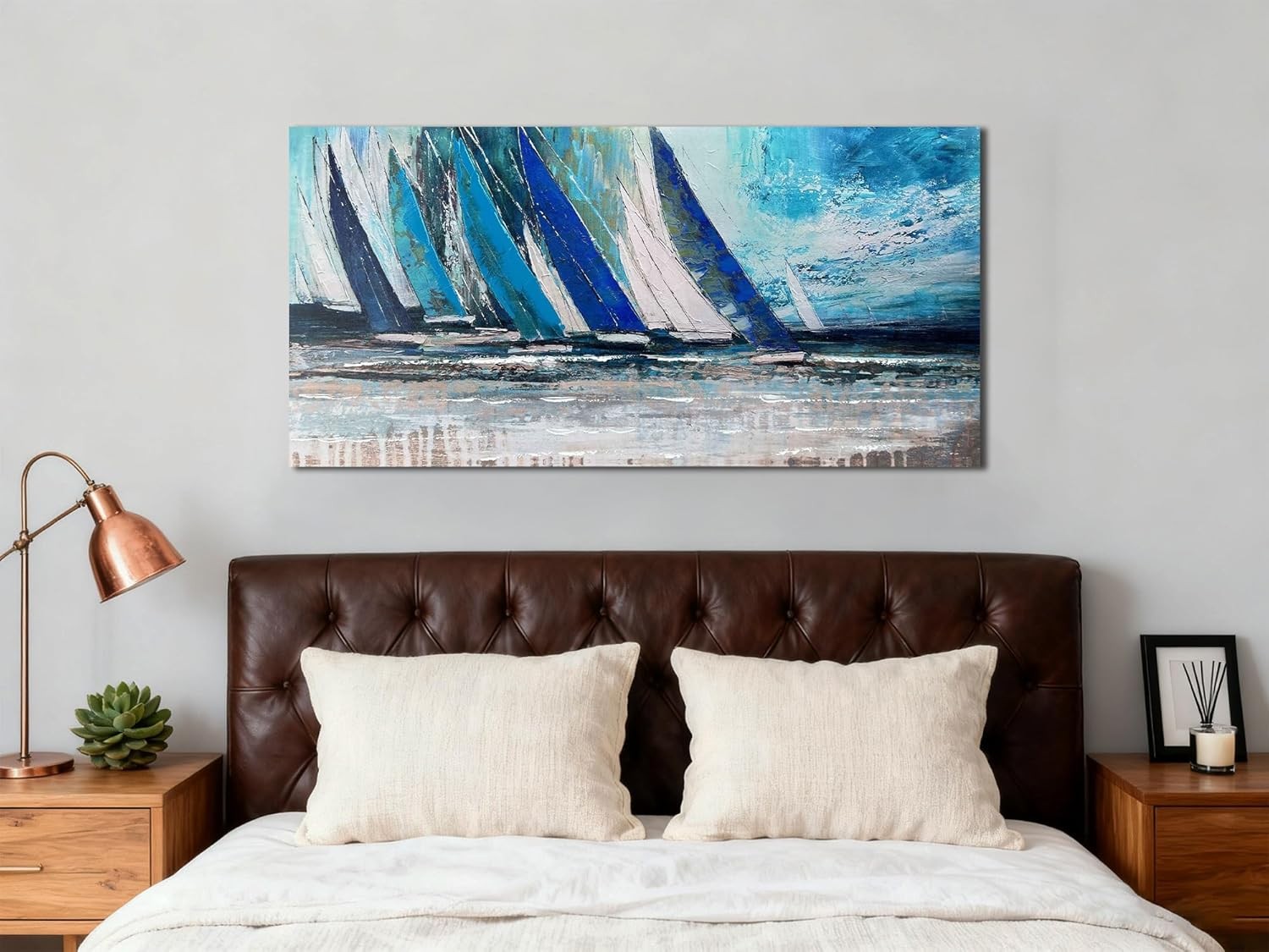 40×20″ Teal Ocean Sailboat Canvas Wall Art – Modern Nautical Decor