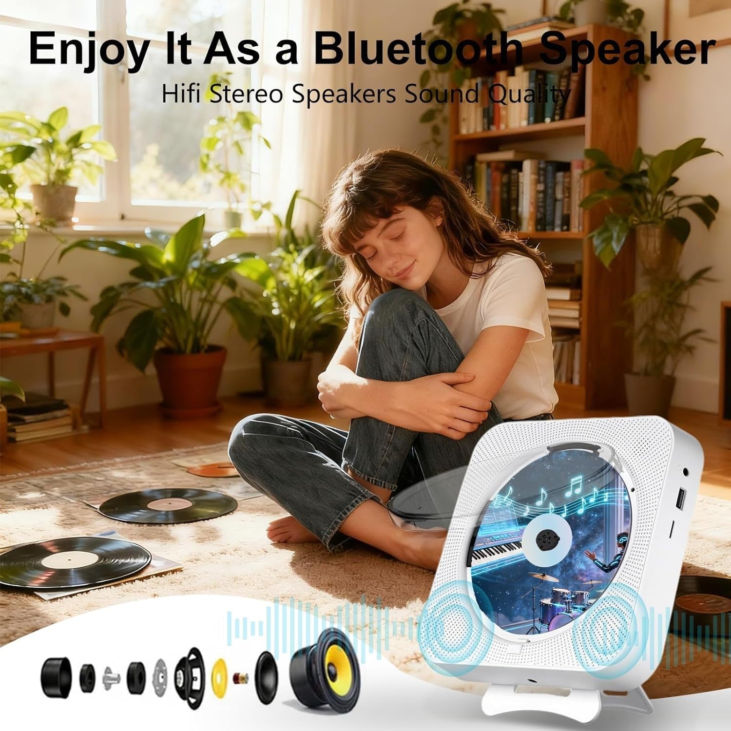 Portable Bluetooth CD Player Wall Mount HiFi Speakers FM USB TF Remote