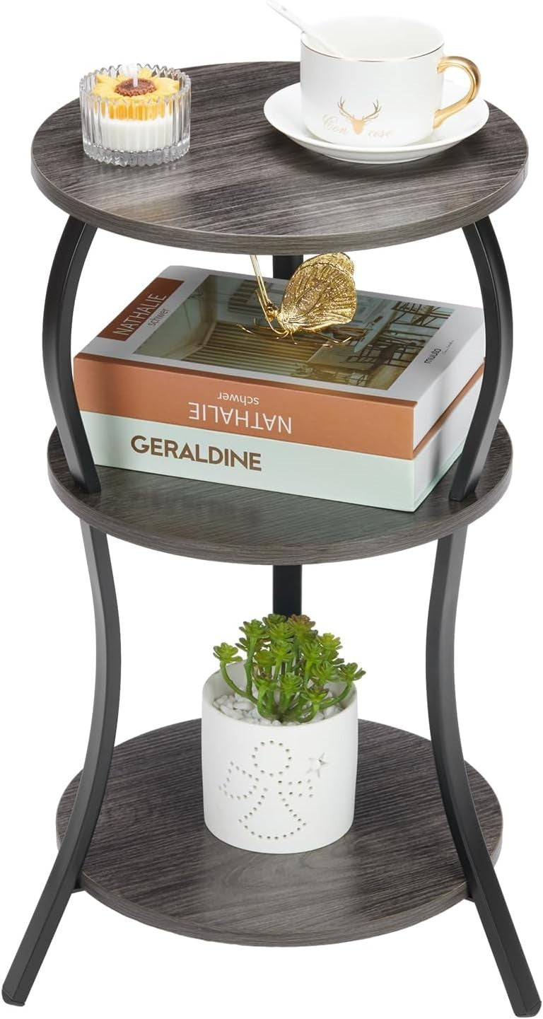 Grey 3-Tier Round Side Table 30x30x55 cm | Slim End Table w/ Storage