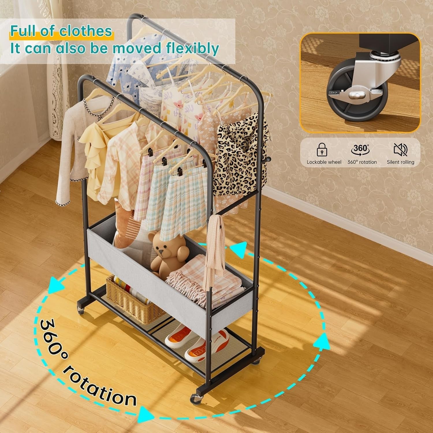 Heavy Duty Clothes Rail with Wheels & Shelf – Black 91×43×183cm