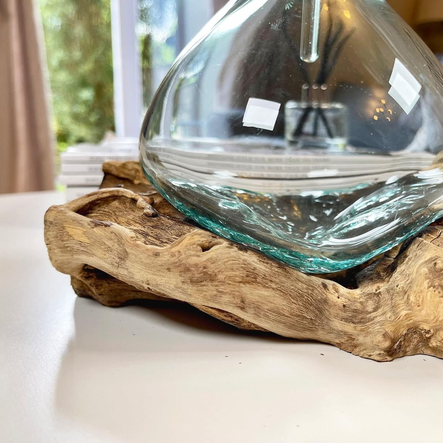 Handmade Molten Glass Whisky Decanter With Teak Root Stand Art Gift