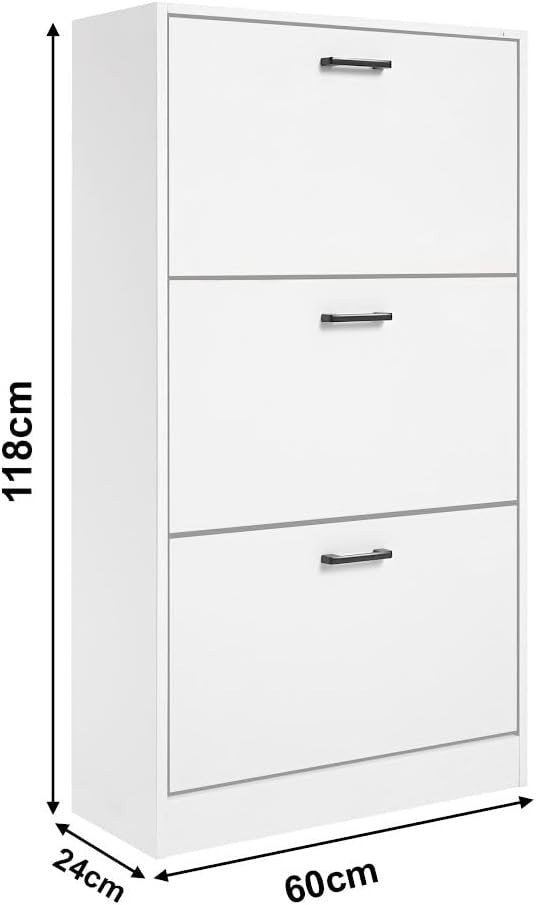 White Slim Shoe Cabinet 3 Drawer Space Saving Hallway Storage Unit