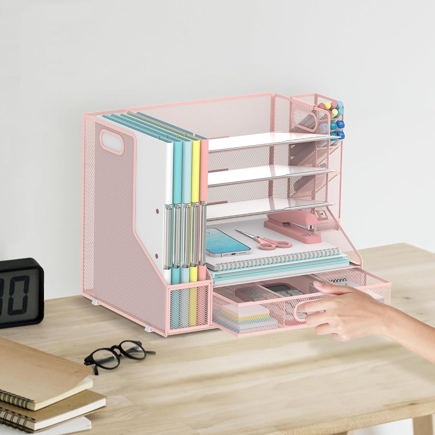 5-Tier Mesh Desk Organiser with File Holder, Pen & Drawer – Pink