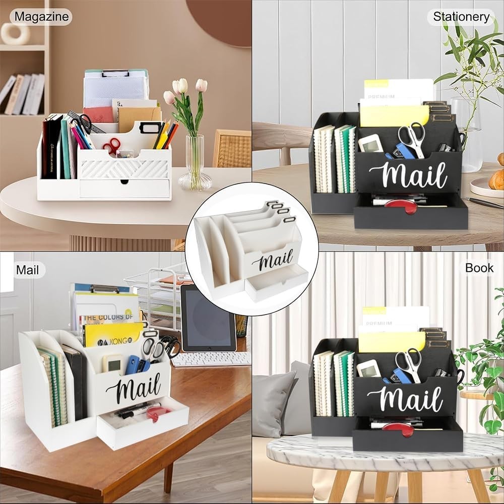 Wood Desktop Mail Organizer with 6 Compartments & Drawer – Desk Storage