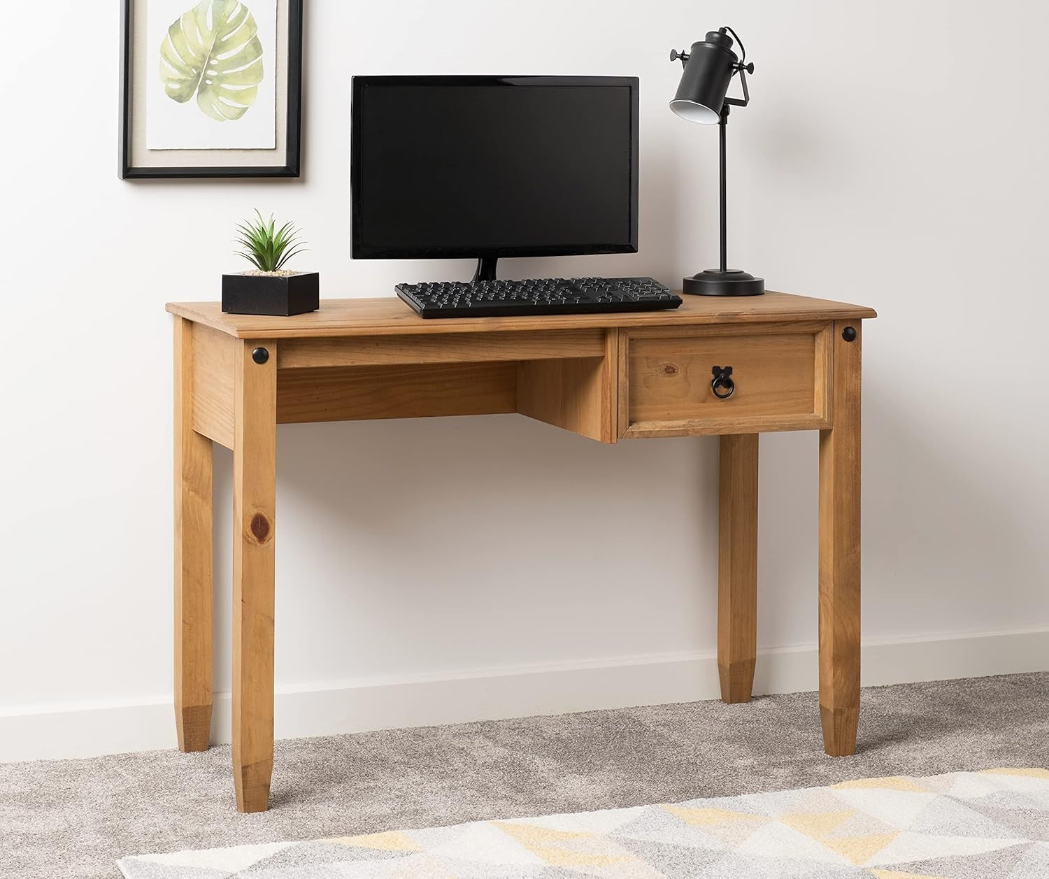 Rustic Pine Study Desk 107cm with Drawer Distressed Wax Finish Office Table