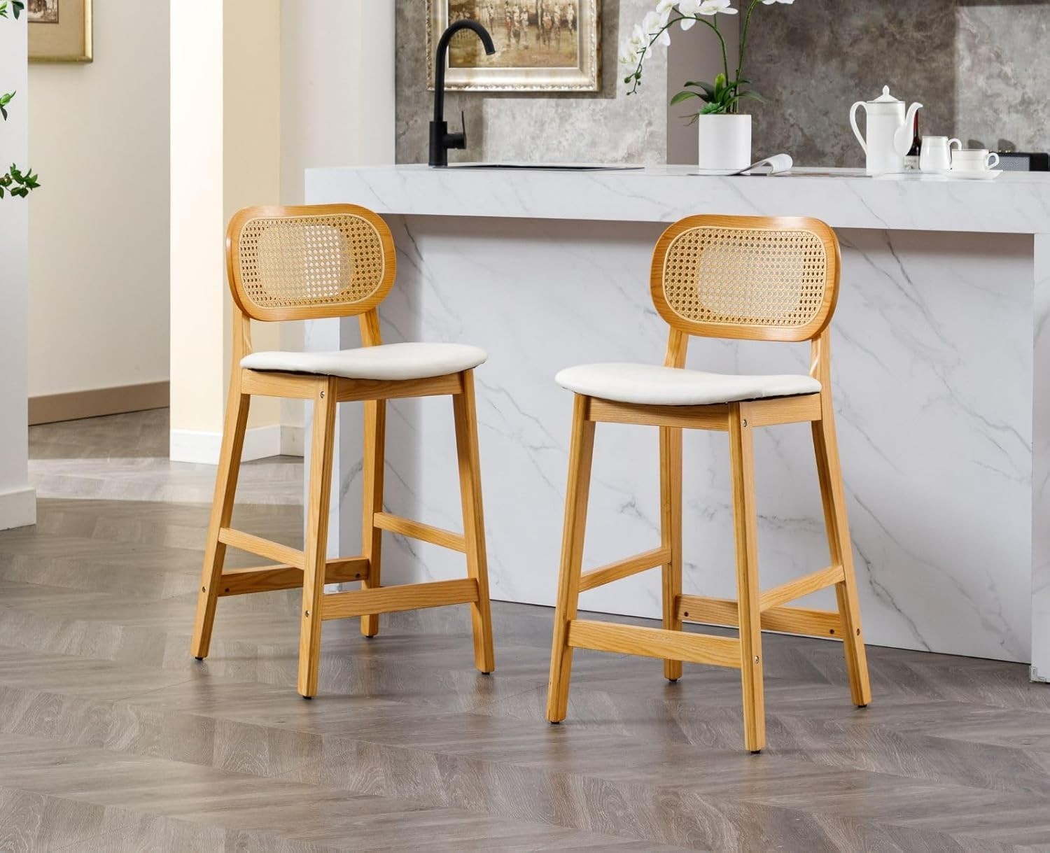 White Rattan Bar Stools Set of 2 Counter Height Wooden Kitchen Island Chairs