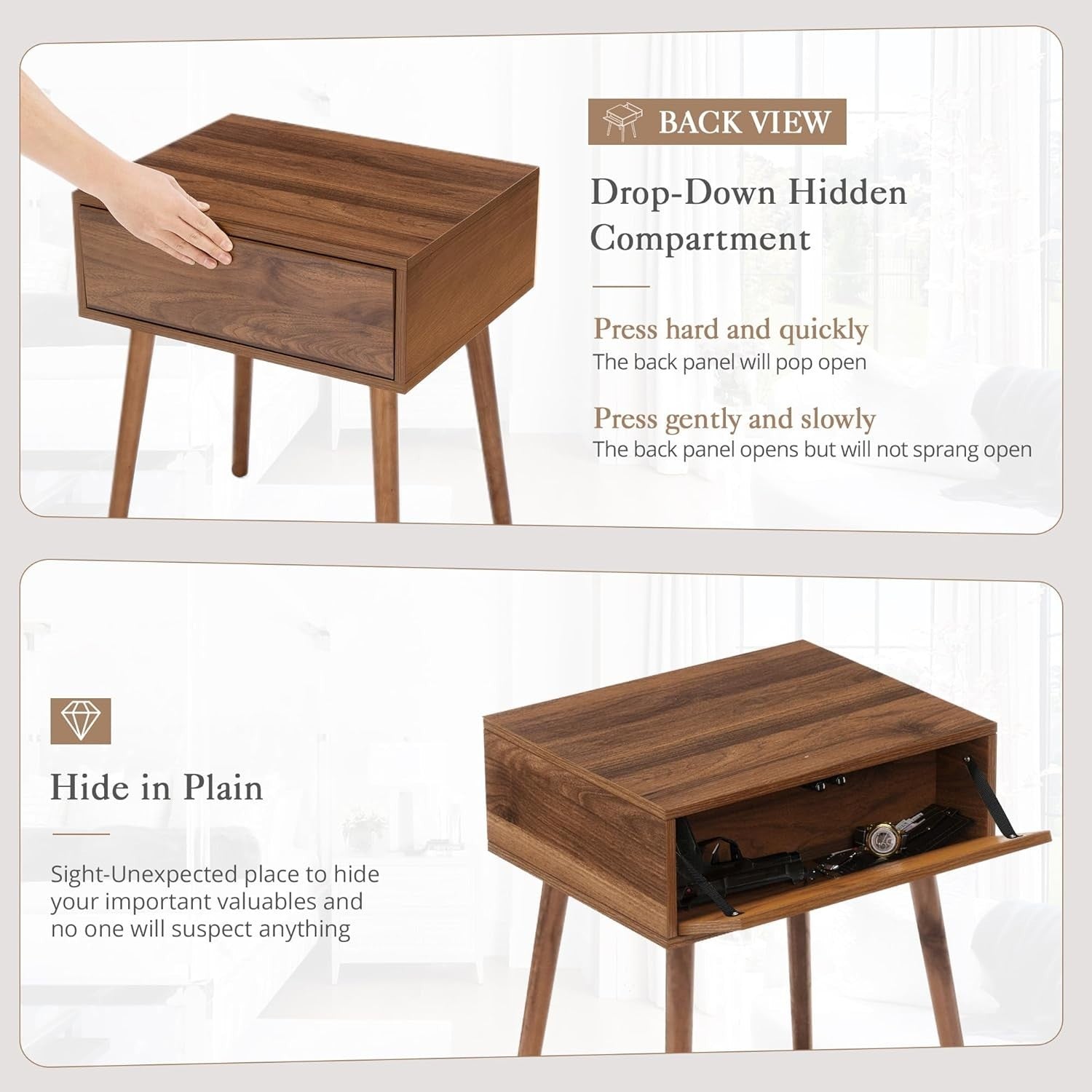 Set of 2 Walnut Bedside Tables with Drawer & Hidden Storage – Mid Century