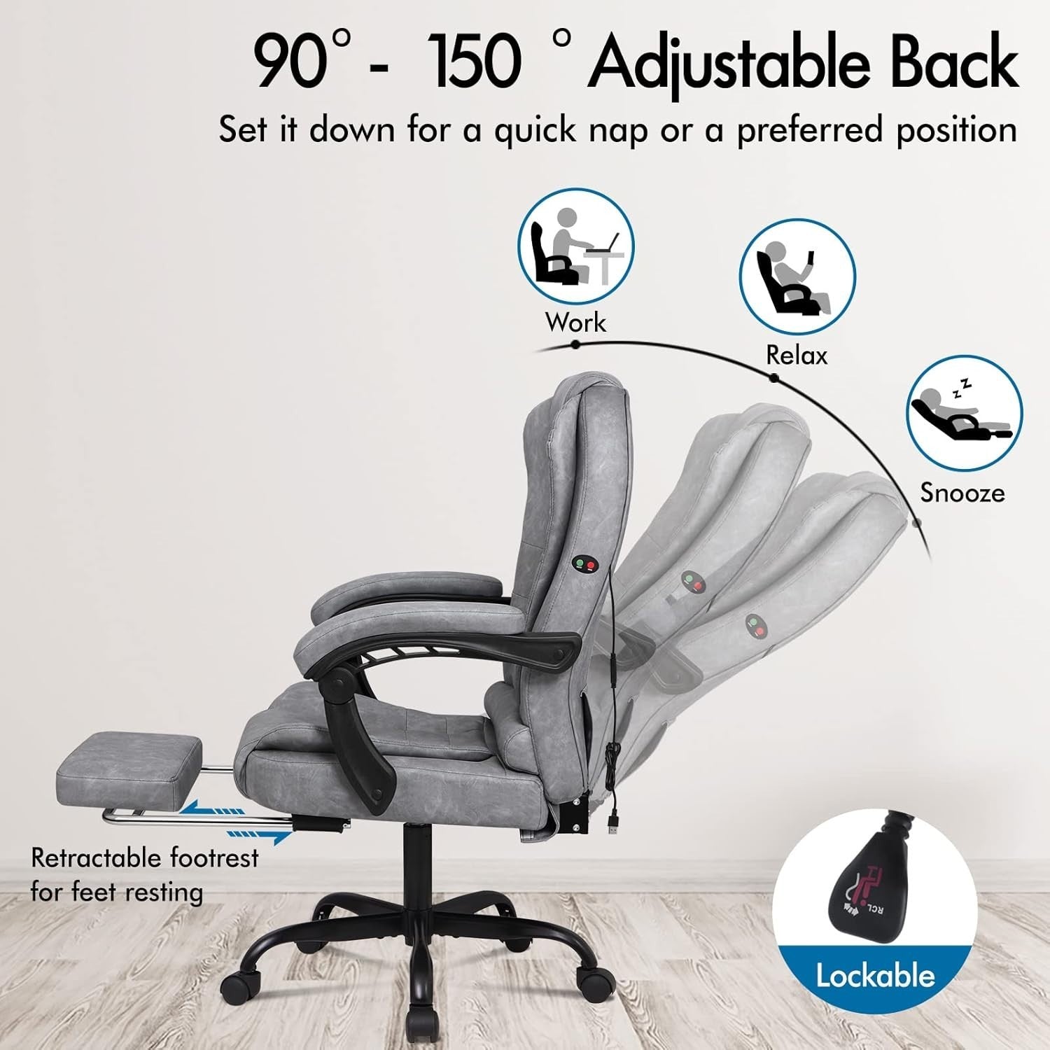 Grey Massage Office Chair Recliner Footrest Ergonomic PU Leather Swivel