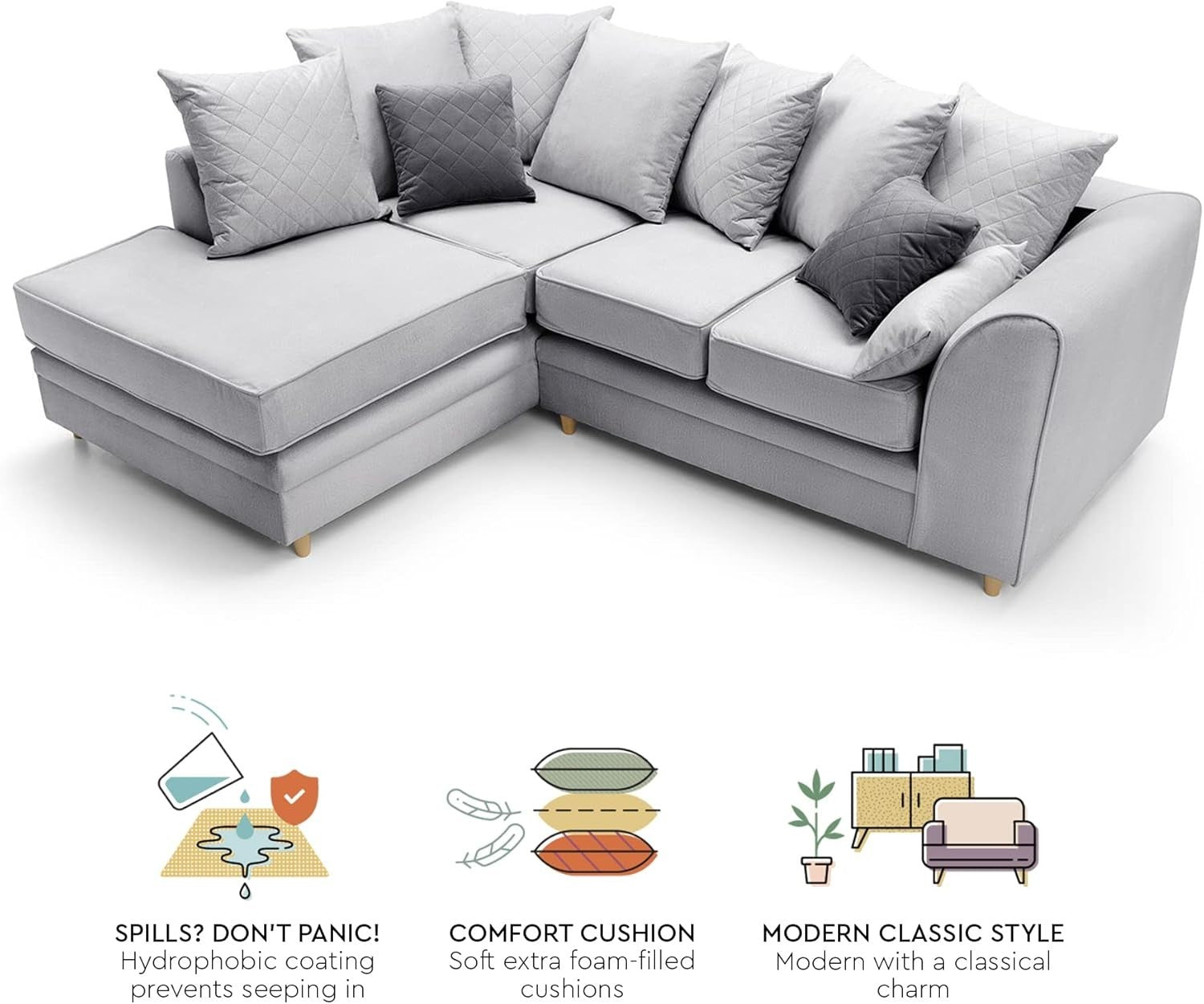 Light Grey L-Shaped Corner Sofa Velvet Fabric Water-Repellent 3 Seater