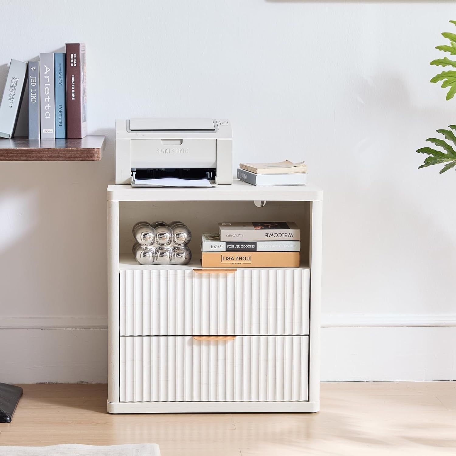 White Fluted Bedside Table with 2 Drawers Modern Nightstand Storage Cabinet