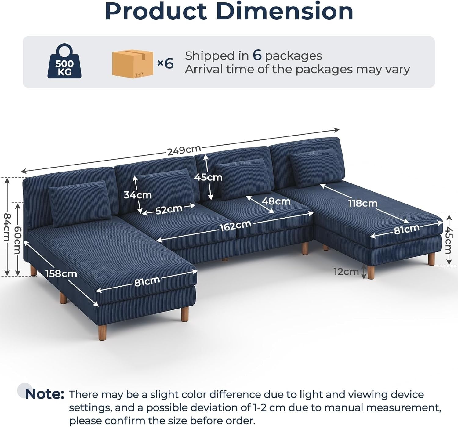 5 Seater U-Shaped Sofa Blue Corduroy with Double Chaise & Washable Covers