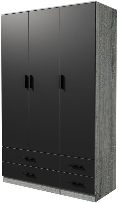 3 Door 4 Drawer Wardrobe Hanging Rail Storage Grey & Black Bedroom Unit