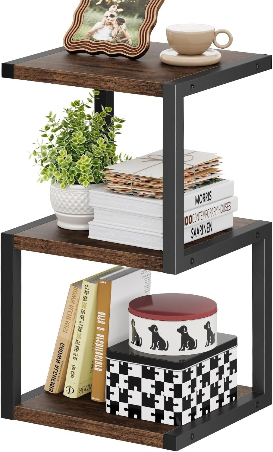 3-Tier S-Shape Side Table with Storage | Compact Rustic Brown Nightstand 40x30x7