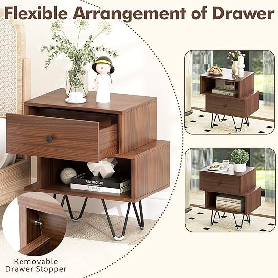 Modern Walnut Bedside Tables Set of 2, Wood Nightstands with Drawer & Shelf